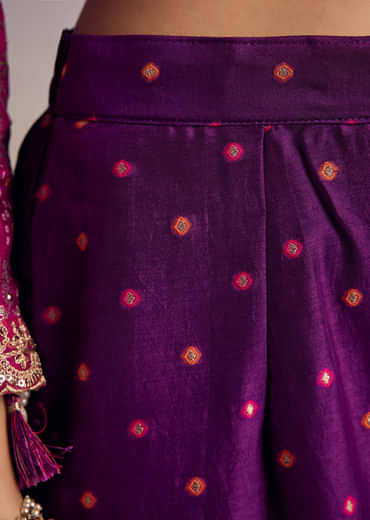 Pink And Purple Ombre Bandhani Anarkali Suit With Zardosi Neckline