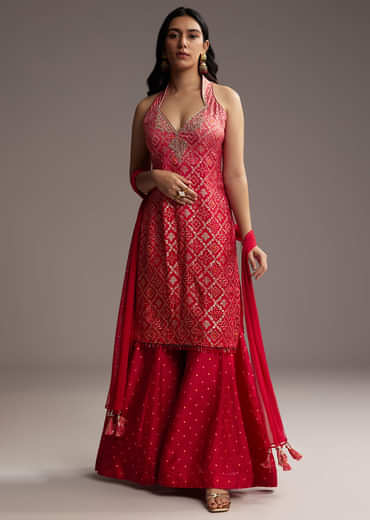 Pink And Red Ombre Silk Palazzo Suit With Bandhani Print