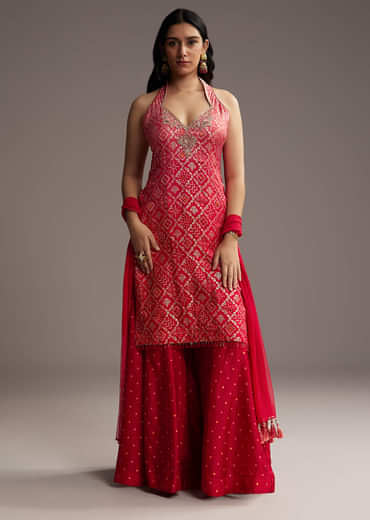 Pink And Red Ombre Silk Palazzo Suit With Bandhani Print