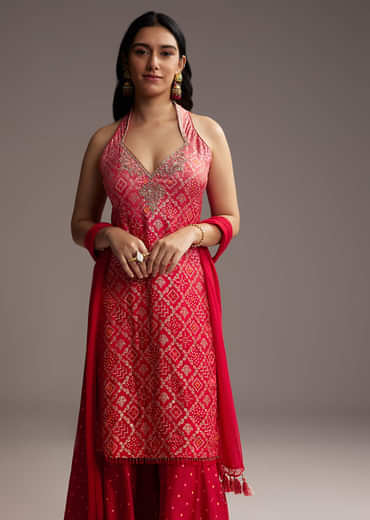Pink And Red Ombre Silk Palazzo Suit With Bandhani Print