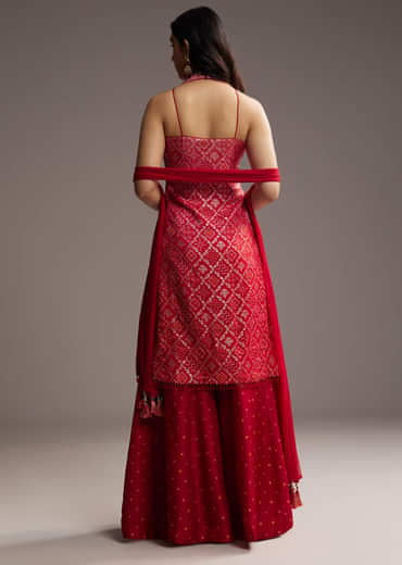 Pink And Red Ombre Silk Palazzo Suit With Bandhani Print