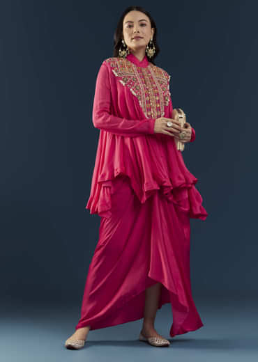 Pink Asymmetric Cape Top and Skirt Set