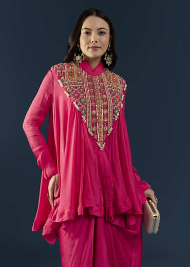 Pink Asymmetric Cape Top and Skirt Set