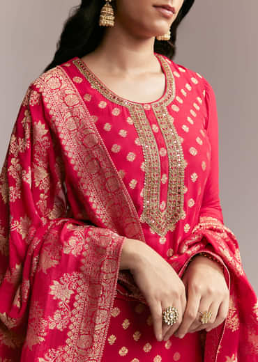 Pink Banarasi Kurta Set with Mirror Work