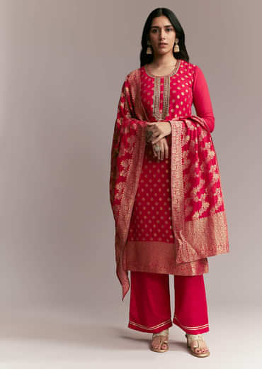Pink Banarasi Kurta Set with Mirror Work