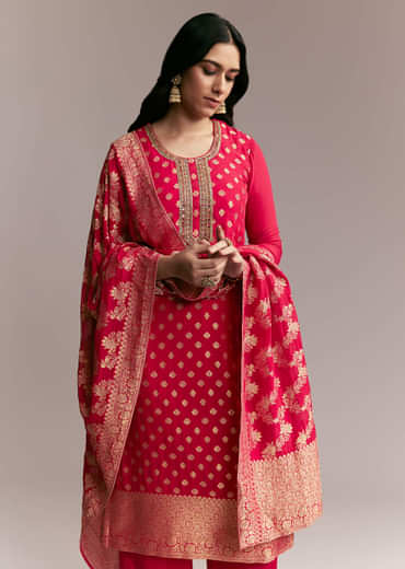 Pink Banarasi Kurta Set with Mirror Work