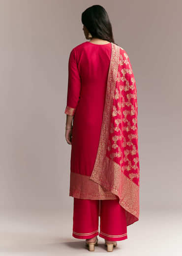 Pink Banarasi Kurta Set with Mirror Work