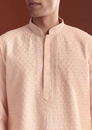 Pink Banarasi Silk Kurta Set For Men With Intricate Hand Work