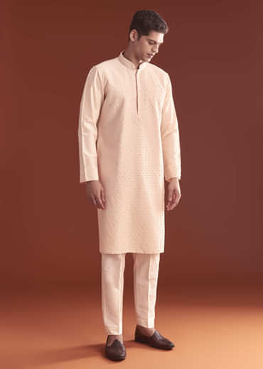 Pink Banarasi Silk Kurta Set For Men With Intricate Hand Work