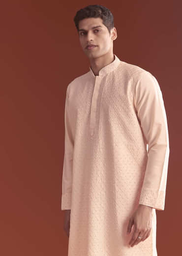 Pink Banarasi Silk Kurta Set For Men With Intricate Hand Work