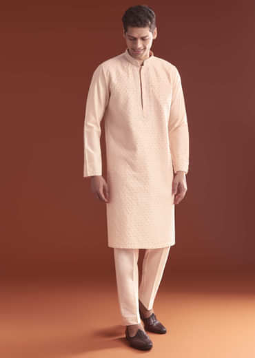 Pink Banarasi Silk Kurta Set For Men With Intricate Hand Work