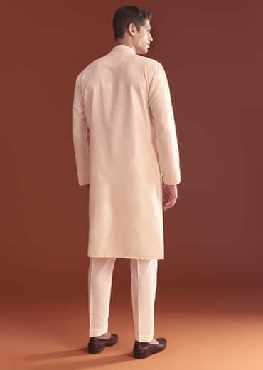 Pink Banarasi Silk Kurta Set For Men With Intricate Hand Work