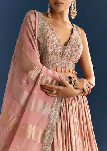 Pink Banarasi Tissue Lehenga Dupatta With Zardosi Choli