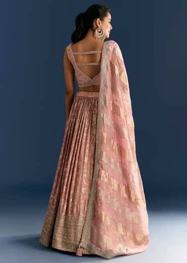 Pink Banarasi Tissue Lehenga Dupatta With Zardosi Choli