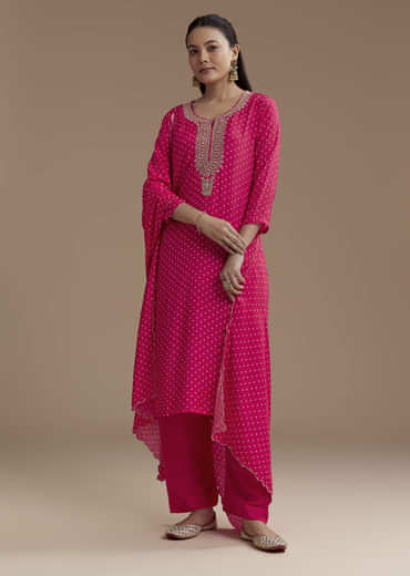 Pink Bandhani Printed Silk Kurta Set with Zari Work