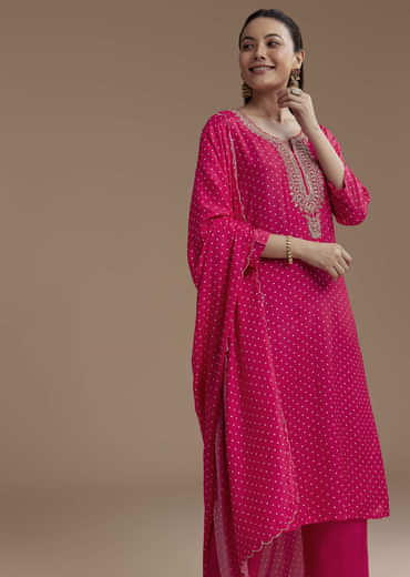 Pink Bandhani Printed Silk Kurta Set with Zari Work