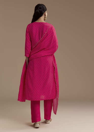 Pink Bandhani Printed Silk Kurta Set with Zari Work
