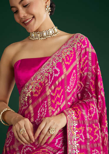 Pink Bandhani Saree With Gota Work