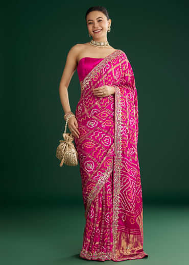 Pink Bandhani Saree With Gota Work