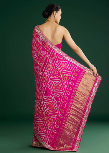 Pink Bandhani Saree With Gota Work