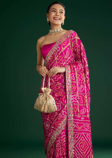 Pink Bandhani Saree With Gota Work