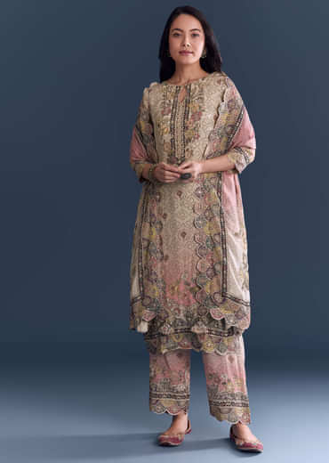 Pink Beige Ombre Crepe Kurta Set With Floral Print