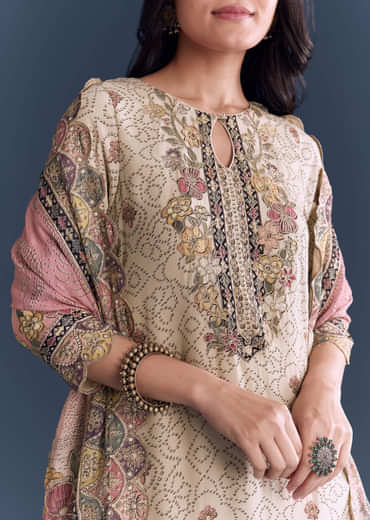 Pink Beige Ombre Crepe Kurta Set With Floral Print