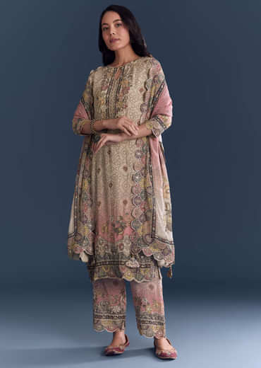 Pink Beige Ombre Crepe Kurta Set With Floral Print
