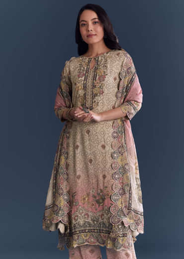 Pink Beige Ombre Crepe Kurta Set With Floral Print