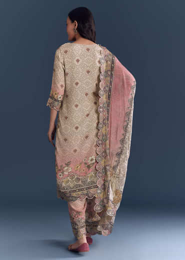 Pink Beige Ombre Crepe Kurta Set With Floral Print