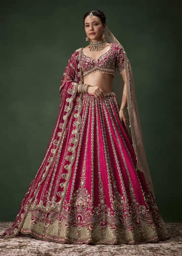 Pink Bridal Raw Silk Zardozi Lehenga Set with Two Dupattas
