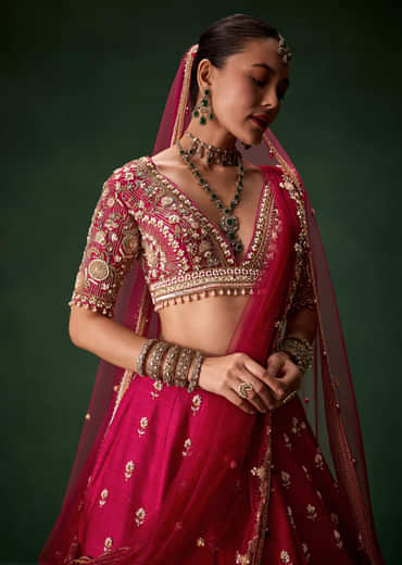 Pink Bridal Silk Lehenga Set with  Two Dupattas
