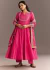 Pink Chanderi Anarkali With Gotta Moti Neckline And Lace Dupatta