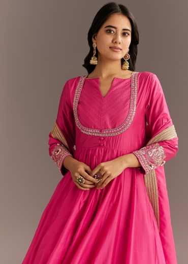 Pink Chanderi Anarkali With Gotta Moti Neckline And Lace Dupatta