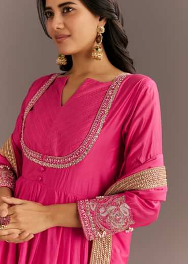 Pink Chanderi Anarkali With Gotta Moti Neckline And Lace Dupatta