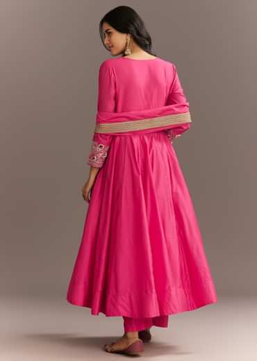 Pink Chanderi Anarkali With Gotta Moti Neckline And Lace Dupatta