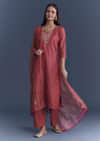Pink Chanderi Kurta Set With Stripe Print And Gota Work