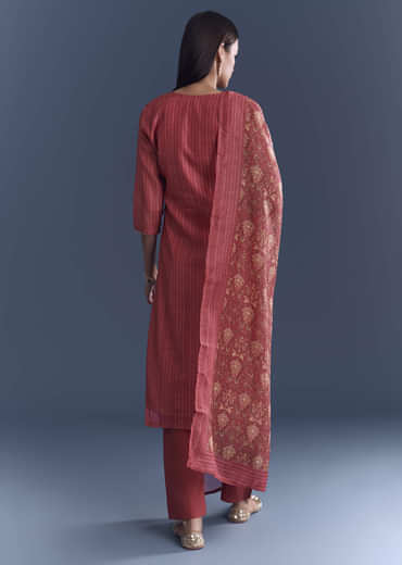 Pink Chanderi Kurta Set With Stripe Print And Gota Work
