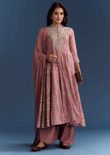 Pink Chanderi Printed Anarkali With Thread Work