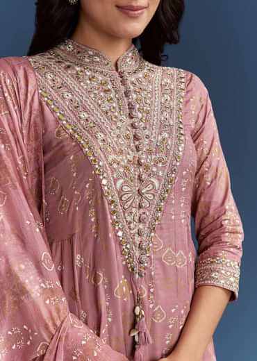 Pink Chanderi Printed Anarkali With Thread Work