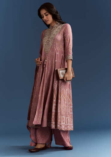 Pink Chanderi Printed Anarkali With Thread Work