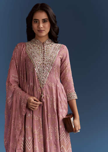 Pink Chanderi Printed Anarkali With Thread Work