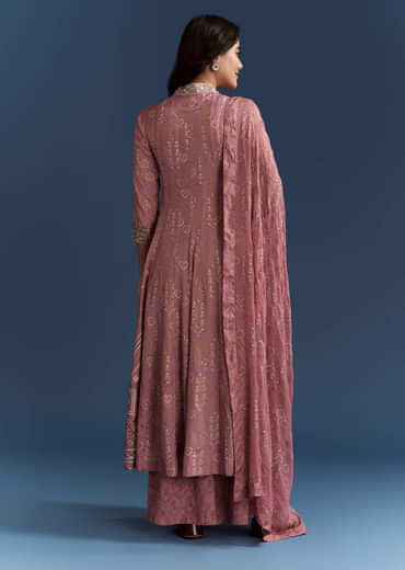 Pink Chanderi Printed Anarkali With Thread Work