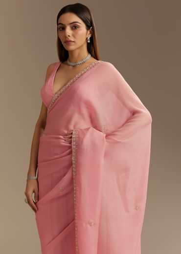 Pink Chinnon Saree With Cutdana Sequins Embroidery And Scallop Border
