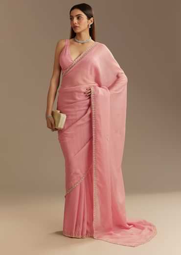 Pink Chinnon Saree With Cutdana Sequins Embroidery And Scallop Border