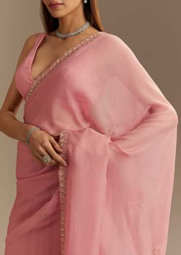 Pink Chinnon Saree With Cutdana Sequins Embroidery And Scallop Border