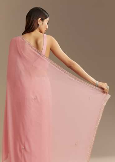 Pink Chinnon Saree With Cutdana Sequins Embroidery And Scallop Border