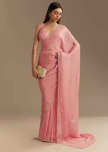 Pink Chinnon Saree With Cutdana Sequins Embroidery And Scallop Border