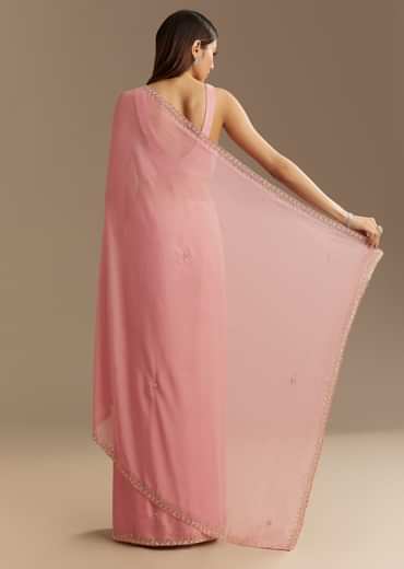 Pink Chinnon Saree With Cutdana Sequins Embroidery And Scallop Border