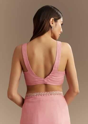 Pink Chinnon Saree With Cutdana Sequins Embroidery And Scallop Border